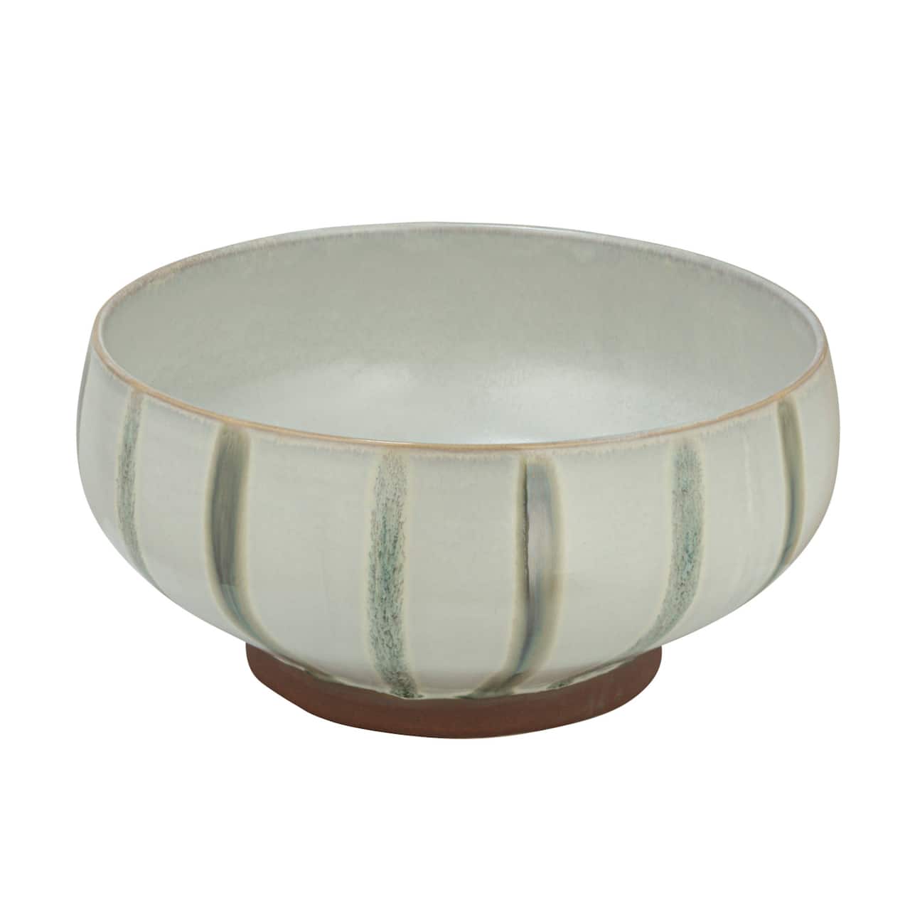 Hello Honey® 10" Cream & Green Reactive Glaze Stripes Hand-Painted Stoneware Bowl